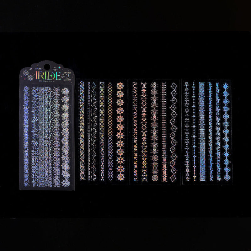 Set of holographic stickers with 'IRIDE' branding on a black background