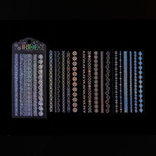Set of holographic stickers with 'IRIDE' branding on a black background