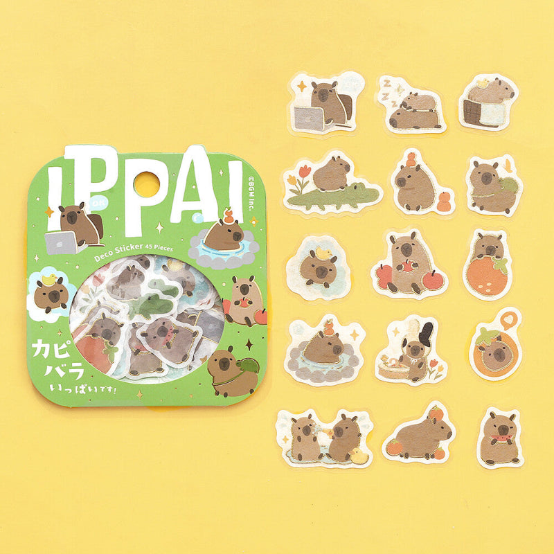 Set of cute animal stickers with a green packaging on a yellow background