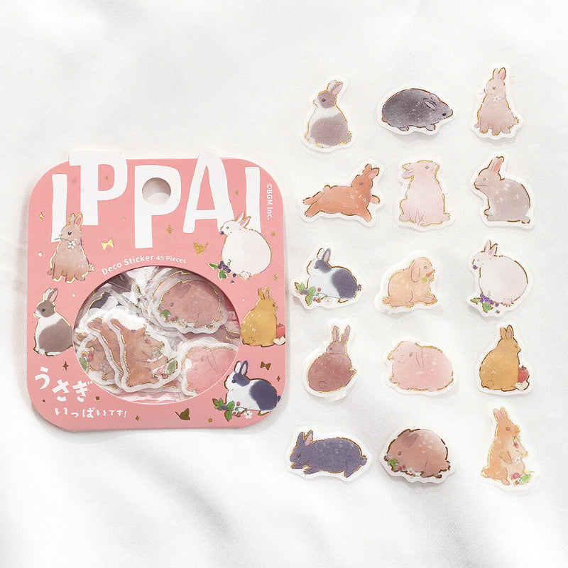 Set of rabbit-themed stickers with a pink packaging box on a white background