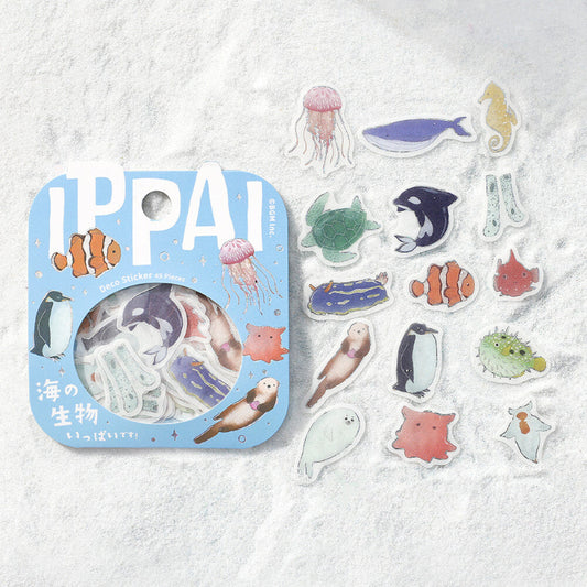 Set of sea-themed stickers with a 'IPPAI' packaging on a white background