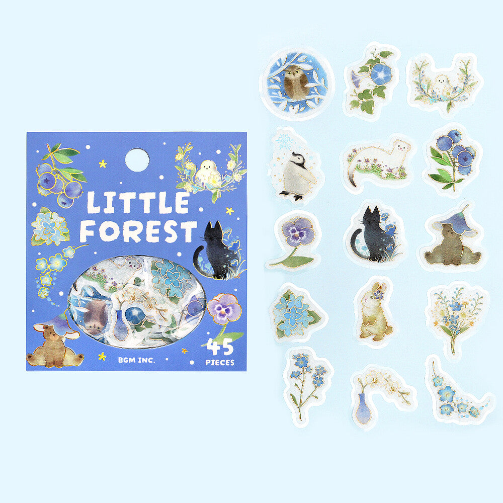 Sticker set with 'Little Forest' theme on a blue background