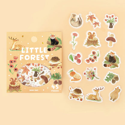 Sticker set with forest-themed illustrations on a beige background