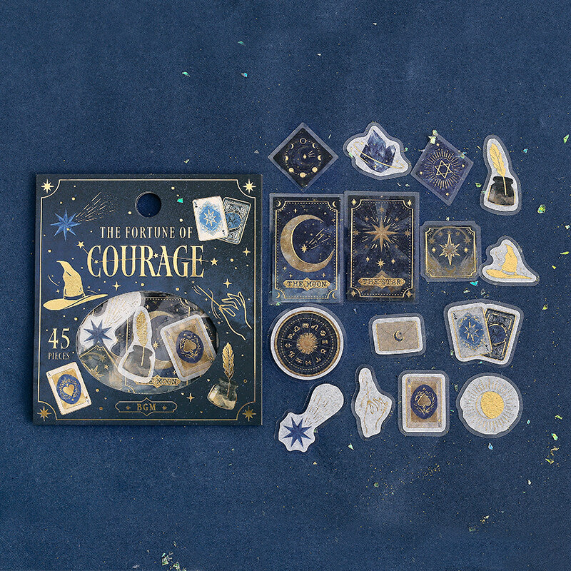 Collection of tarot cards themed stickers and packaging titled 'The Fortune of Courage' on a dark blue background.