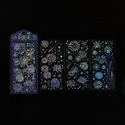 Fireworks-themed stickers with 'Iride' branding on a dark background