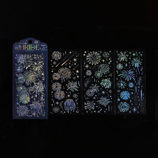 Fireworks-themed stickers with 'Iride' branding on a dark background