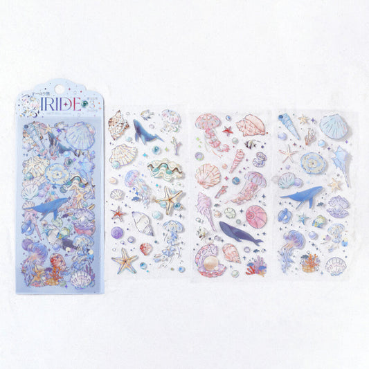 Ocean-themed stickers with packaging on a white background